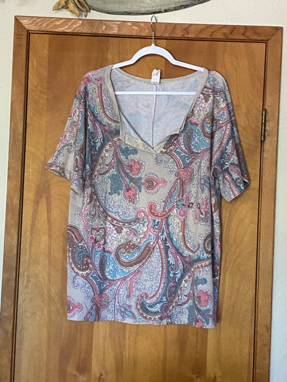 Sew In Love Paisley V-Neck Short Sleeve Top in Taupe, Pink & Blue